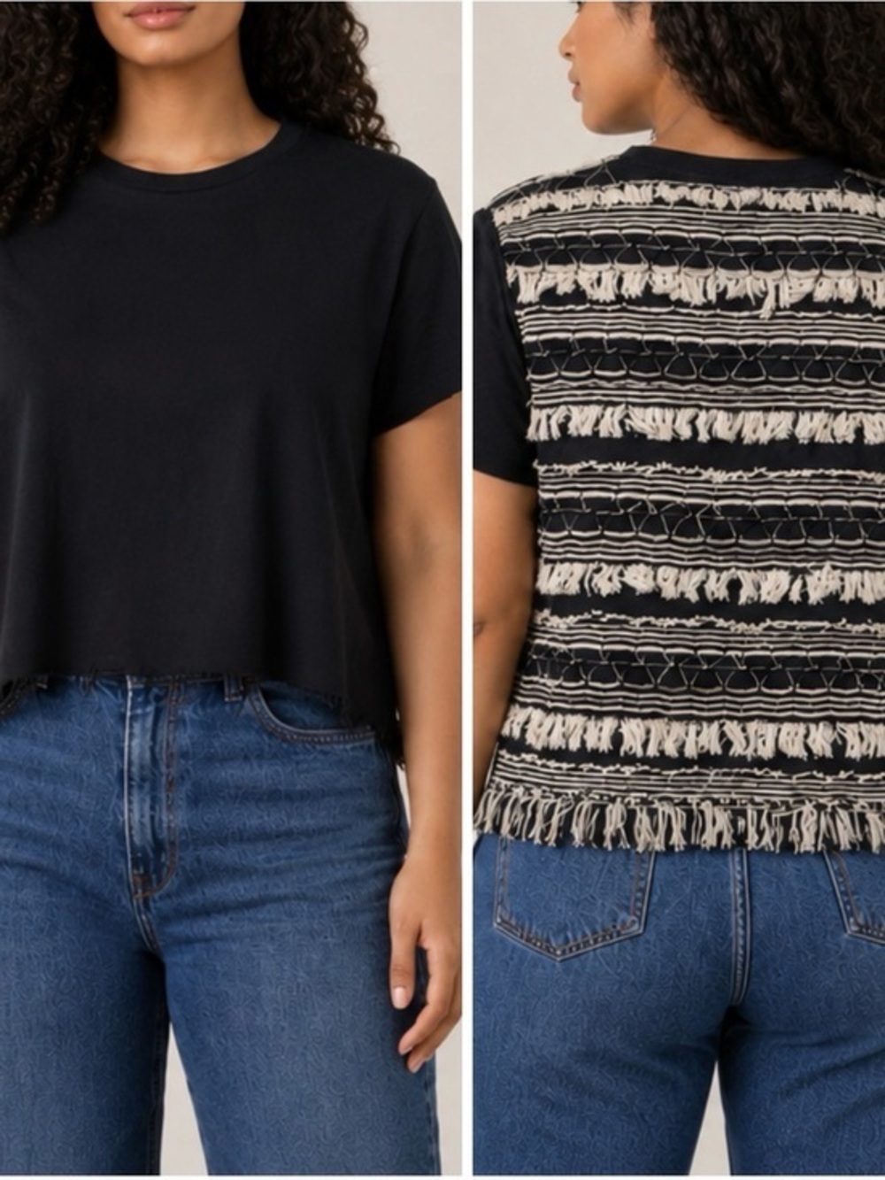 Sea New York Black White Woven Fringe Back Tee Boho Textured Top